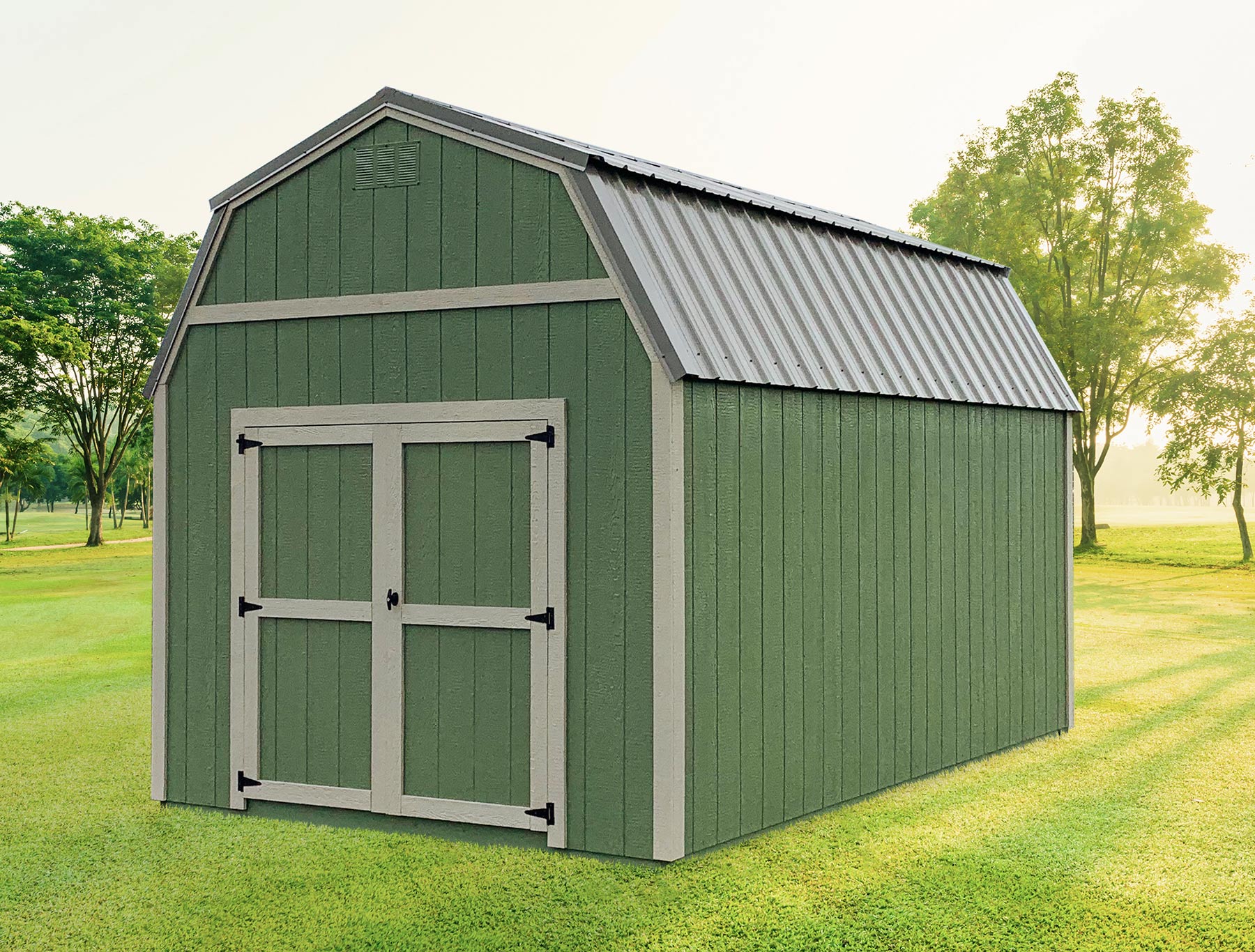 10x16 Painted Lofted Barn with Pequea Green Exterior, Clay Trim and Charcoal Metal Roof