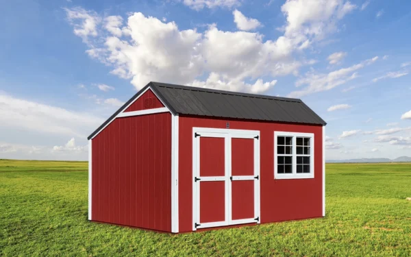 1.10x16 Cottage Shed, Red Painted Exterior with White Trim and a Burnished Slate Roof 10x16 painted Cottage Shed with Red Exterior White Trim and Burnished Slate Metal Roof