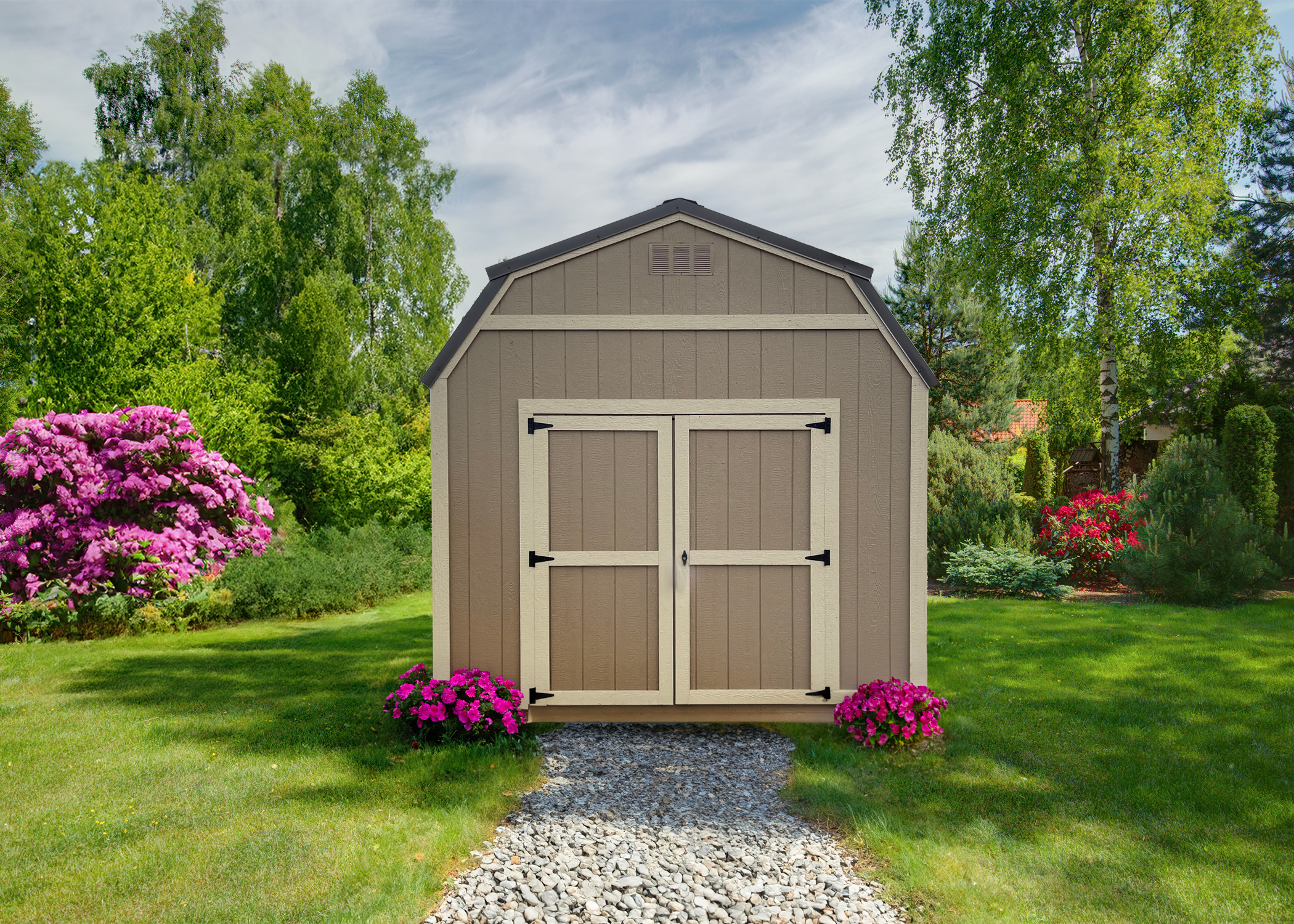 10x16 Painted Lofted Barn with Buckskin Exterior, Almond Trim and Burnished Slate Metal Roof