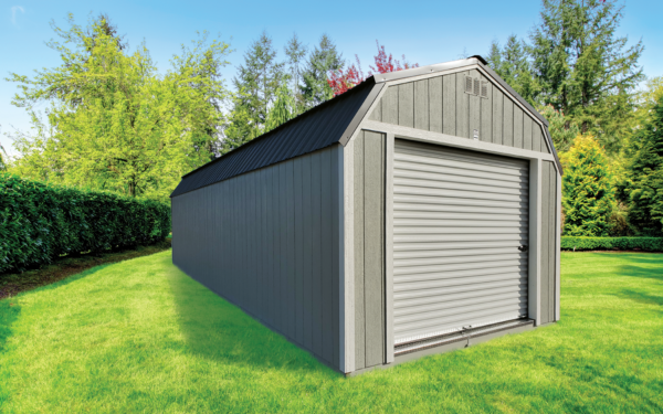 12x32 Painted Lofted Garage with Gap Gray Exterior White Trim Burnished Slate Metal Roof 12x32 Painted Lofted Garage with Gap Gray Exterior White Trim Burnished Slate Metal Roof