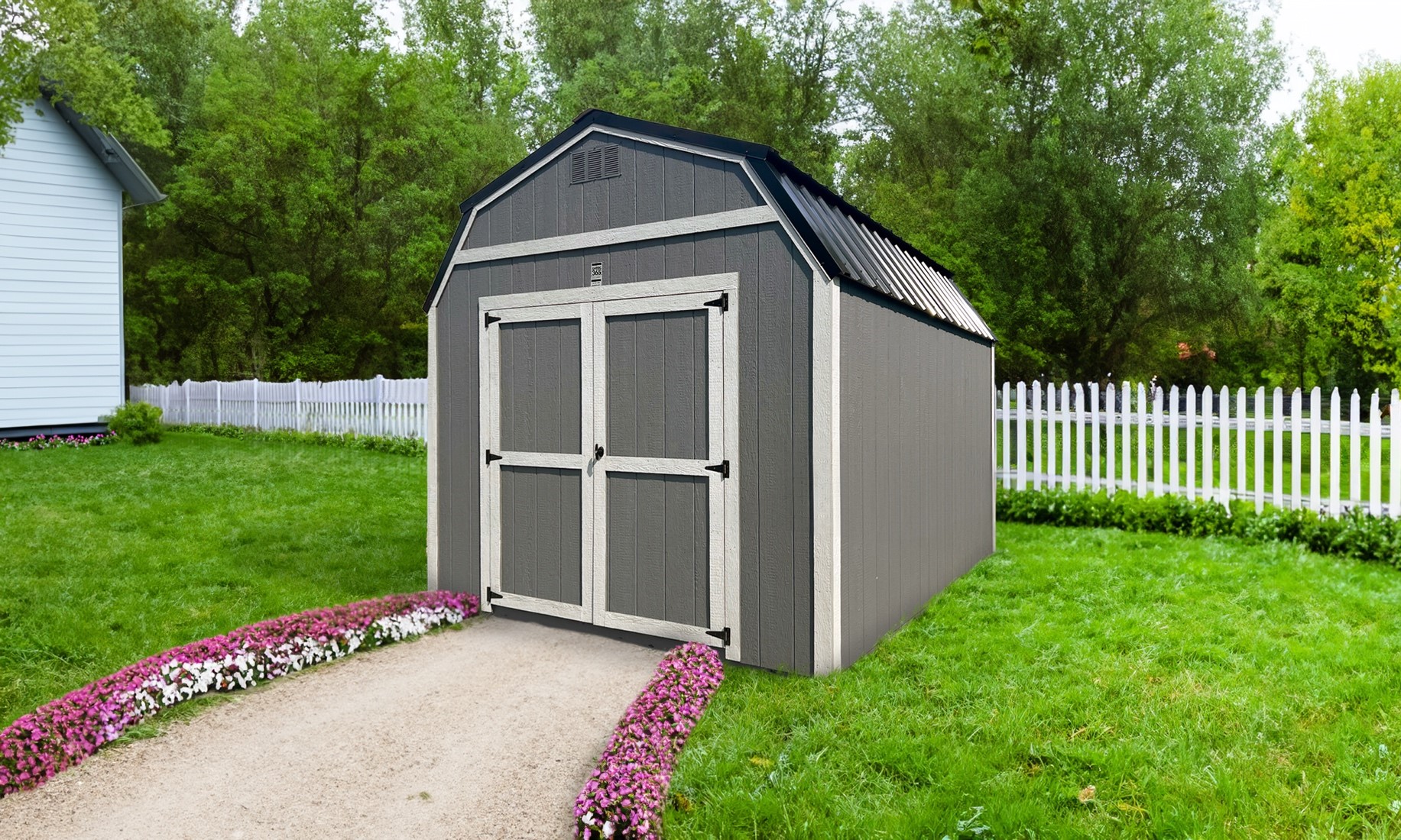 10x16 Painted Lofted Barn with Gray Exterior, Gap Gray Trim and Black Metal Roof